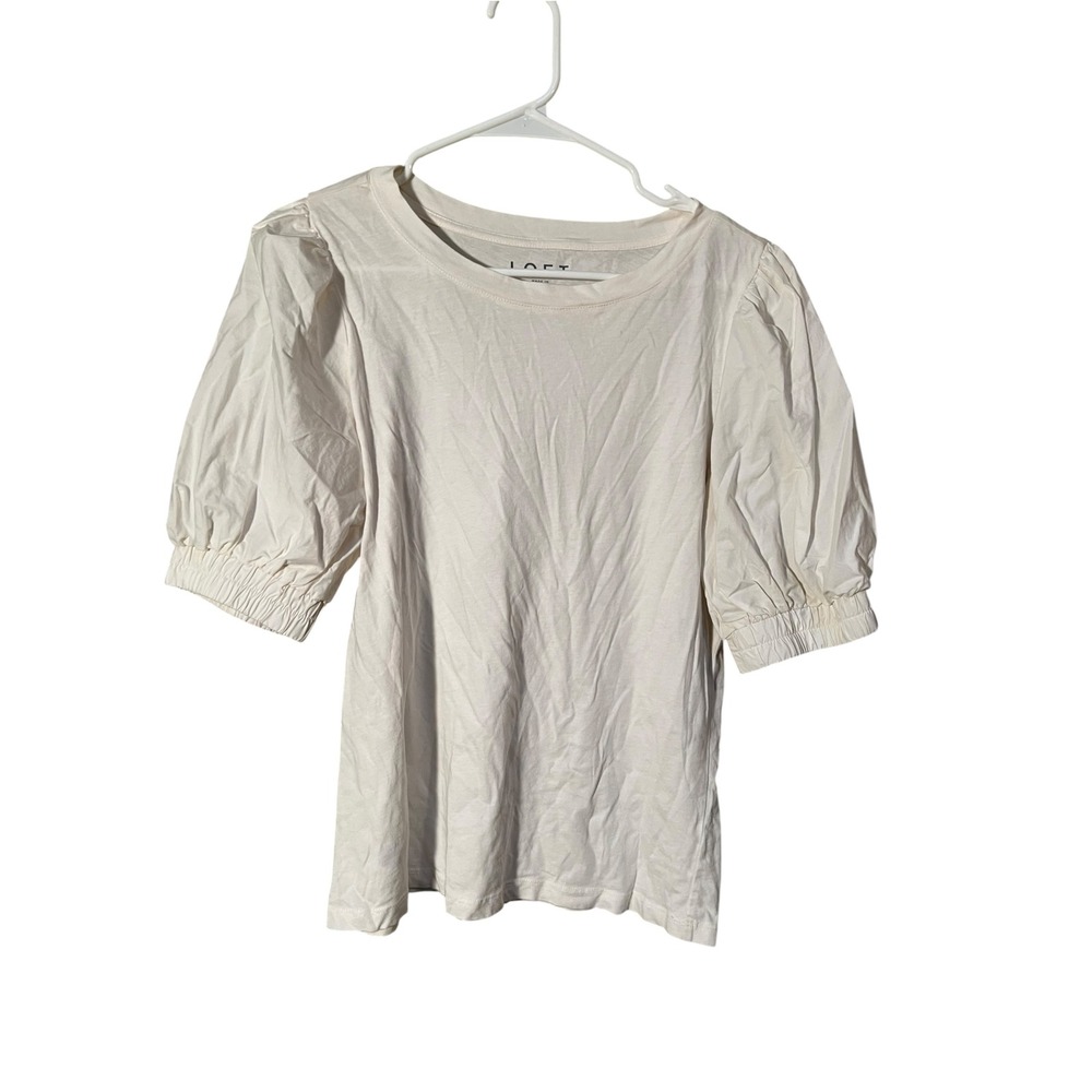 Loft Women's Sz Small Puff Sleeve Blouse Cream White Mixed Media Crewneck Cotton